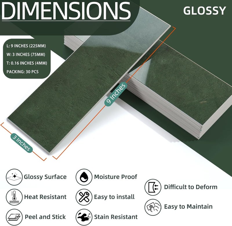 Tilingview 30 PCS Peel and Stick Backsplash Tile for Kitchen/Bathroom/Living Room, 3"x 9" Self-Adhesive Subway Tile for Backsplash, Handmade Imitation Glazed Tiles(Glossy Dark Olive Green) - Image 5